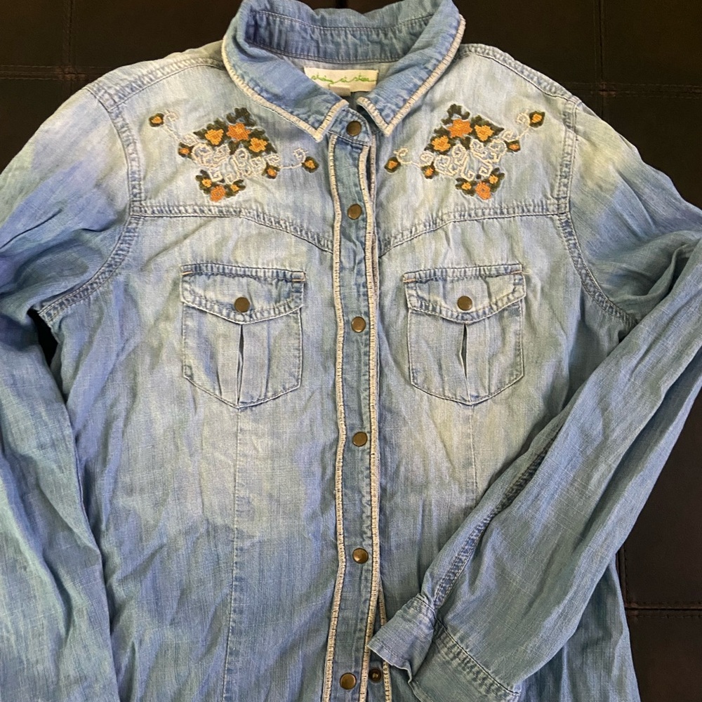 Staring at stars denim button down shirt